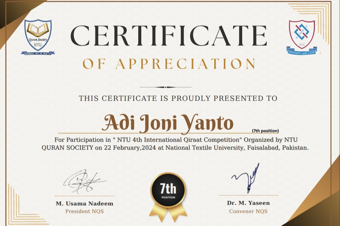 IKUTI LOMBA DI PAKISTAN, MAHASISWA PRODI TBIN MASUK 7 BESAR LOMBA QIRAAT INTERNASIONAL